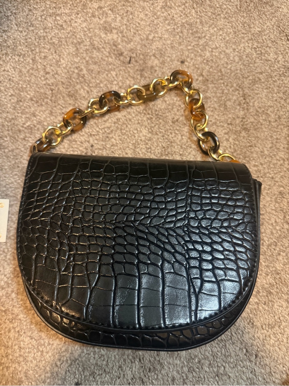 Black Croc-Embossed Saddle Bag with Tortoiseshell Chain